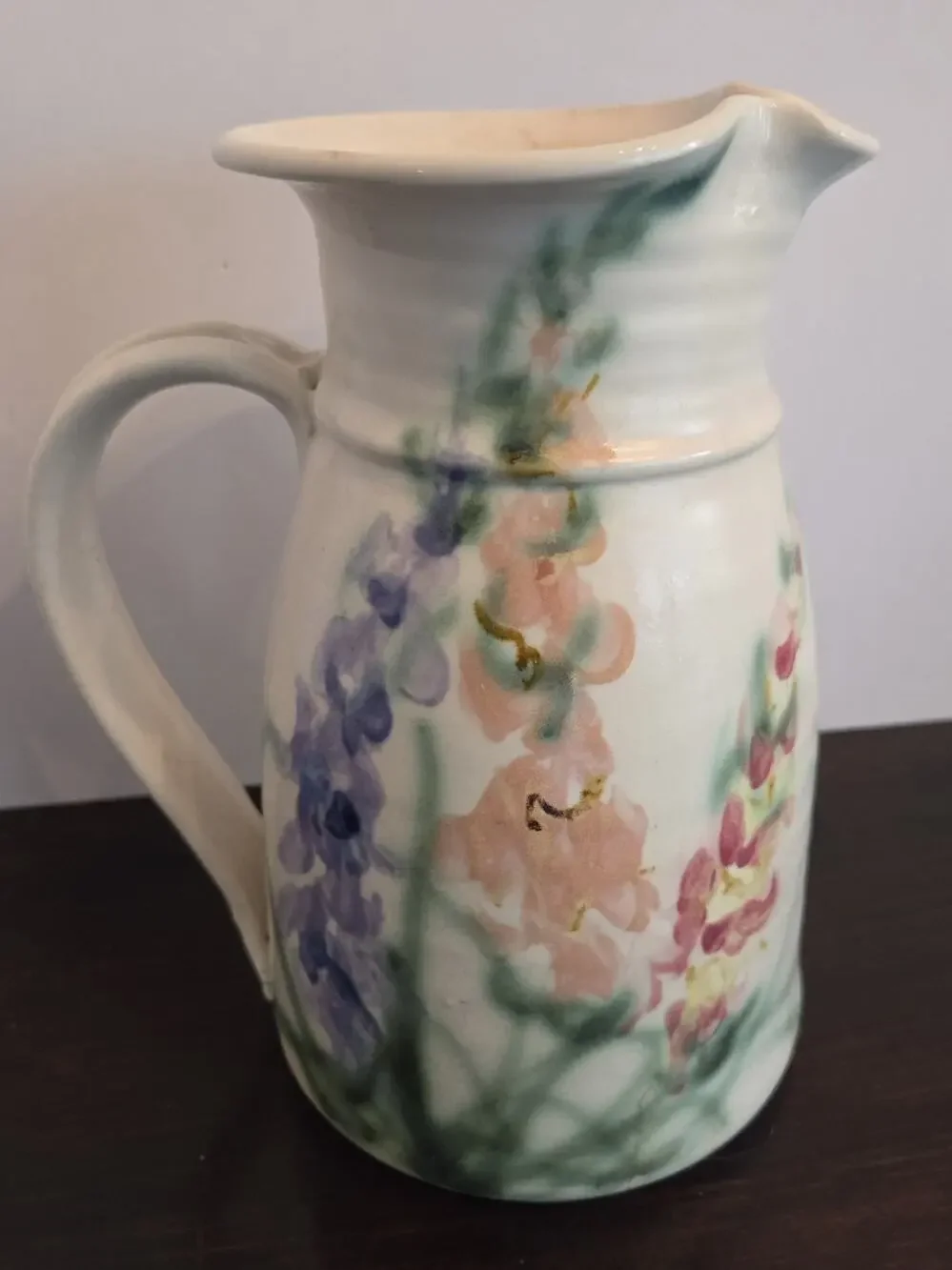Clouds Folsom Pottery CA Handcrafted Pitcher Vase Handpainted Floral 1994 8.5